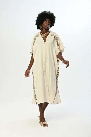 Kadın Kolları Ve Yanı Nakış Işlemeli Natur Renk Kimono-elbise