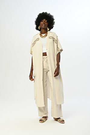 Kadın Kolları Ve Yanı Nakış Işlemeli Natur Renk Kimono-elbise