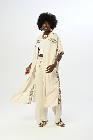 Kadın Kolları Ve Yanı Nakış Işlemeli Natur Renk Kimono-elbise