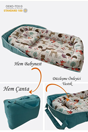 Nest Orman Desenli Çantalı Babynest Bebek Çantası Taşınabilir Anne Yanı Yatağı