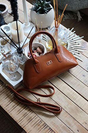 taba parlak çift fermuar detaylı el omuz çantası