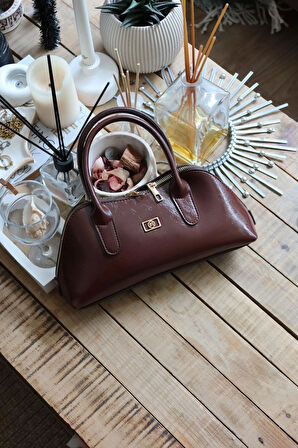 acı kahverengi parlak çift fermuar detaylı el omuz çantası