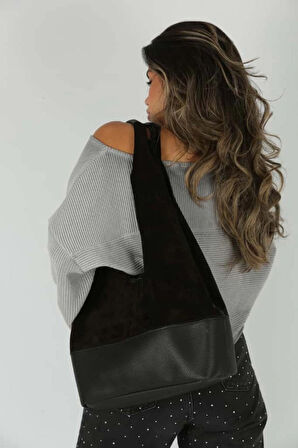 Siyah Süet Ek Portföylü Büyük Boy Omuz Çantası