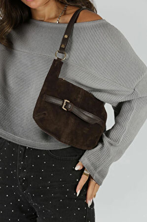 Acı Kahve Süet Gold Toka Detaylı Slım Omuz Çantası