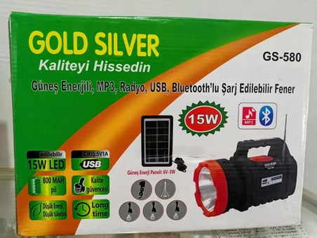 Gold Silver Güneş Enerjili Bluetoothlu Sarj Edilebilir MP3 Radyo Özellikli El Feneri(GS-580)