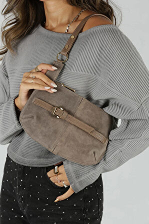 Vizon Süet Gold Toka Detaylı Slım Omuz Çantası