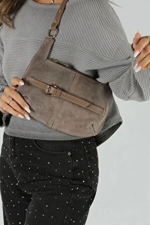 Vizon Süet Gold Toka Detaylı Slım Omuz Çantası