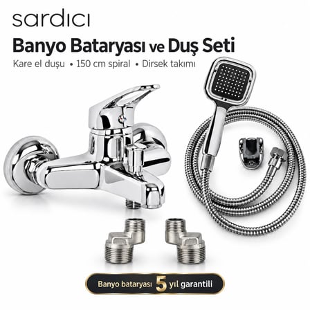 Sardıcı Krom Banyo Bataryası Seti Kare El Duşu 150 cm Spiral ve Dirsek Takımı 5 Yıl Garantili