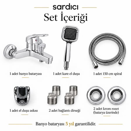 Sardıcı Krom Banyo Bataryası Seti Kare El Duşu 150 cm Spiral ve Dirsek Takımı 5 Yıl Garantili