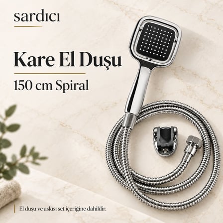 Sardıcı Krom Banyo Bataryası Seti Kare El Duşu 150 cm Spiral ve Dirsek Takımı 5 Yıl Garantili