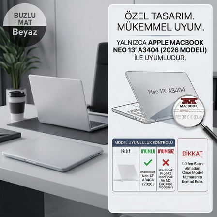 Apple Macbook Neo 13" İnç Uyumlu Kılıf A3404 (2026) Mat Buzlu Koruyucu Sert Kapak Beyaz