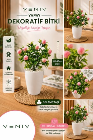 YAPAY DEKORATİF PEMBE MEYVELİ BİTKİ | 40-45 CM | DOLAMİT TAŞLI | SAKSILI