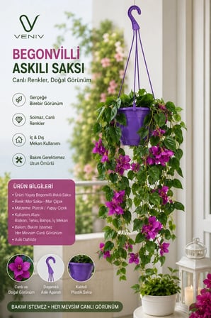 135 cm Yapay Begonvil Çiçeği – 5 Dallı Mor Askılı Saksı | Dekoratif Balkon, Teras ve Bahçe Çiçeği