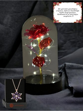 Lapidaria Fanus Içerisinde Dekoratif Peri Led Işıklı Kırmızı Solmayan Sonsuzluk Gülü Lamba Ve Lotus Kolye