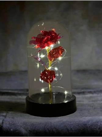 Lapidaria Fanus Içerisinde Dekoratif Peri Led Işıklı Kırmızı Solmayan Sonsuzluk Gülü Lamba Ve Lotus Kolye