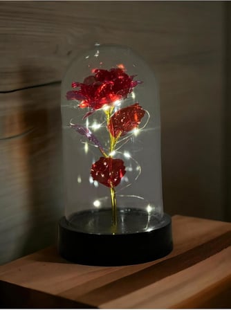 Lapidaria Fanus Içerisinde Dekoratif Peri Led Işıklı Kırmızı Solmayan Sonsuzluk Gülü Lamba Ve Lotus Kolye