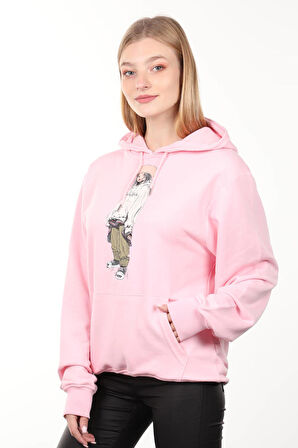 Pembe Baskılı Kapüşonlu Oversize Kadın Sweatshirt