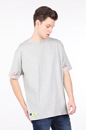 Erkek Gri Bisiklet Yaka Oversize T-shirt