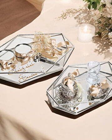 Elation Gümüş Prizma Söz Nişan Tepsisi ve Damat Kahve Fincan Tepsisi