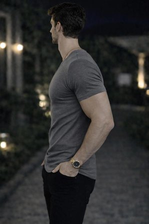 BYBÜLENT Füme Erkek Oval Yaka Tişört Açık Yaka Likralı Slim Fit T-shirt 