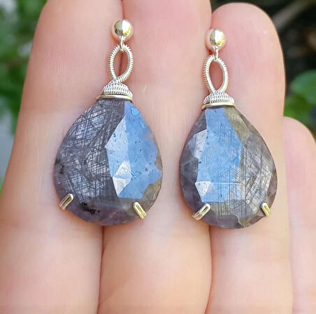 2346 Gümüş(925) aparatlı kök Safir el yapımı küpe