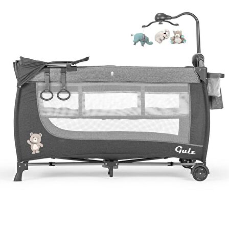 Gulz Elite Dönenceli Sallanır Oyun Parkı Bebek Beşik 70x120 Cm + Visco Yatak Dark Gray