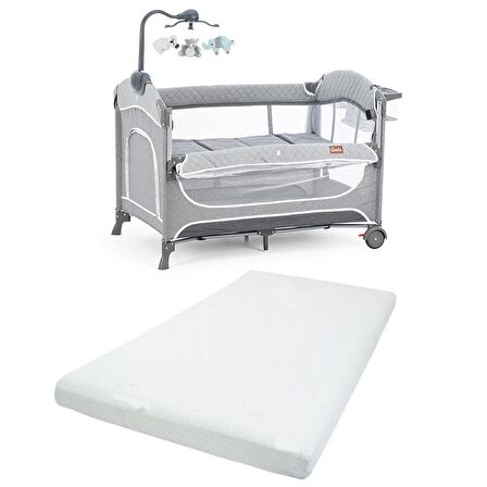 Gulz Atlas Plus Anne Yanı Sallanır Cibinlikli Dönenceli Oyun Parkı Bebek Beşik 70X110 Cm + Viscotech Yatak Light Grey