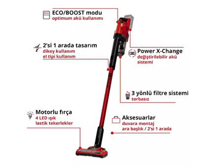 Einhell TE-SV 18 Li 2347180 Akülü Dikey Süpürge + Starter Kit 2.5 Ah Kırmızı