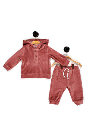 Özel Dokulu Kadife Kapşonlu 2'li Bebek Takımı