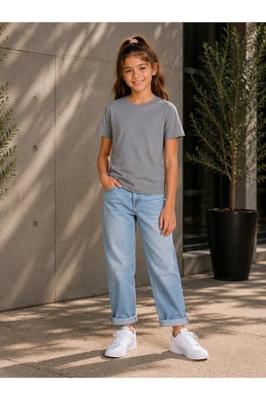 Luxic Core Unisex Çocuk Tişört Bisiklet Yaka Pamuk Gri Oversize 11-12 Yaş