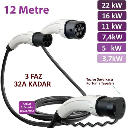 12 Metre, Elektrikli Araç Şarj Kablosu 22KW-16KW-11KW-7,4KW-5KW-3,7KW 32A Kadar -Tr-Ab Tüm Tip 2 Araçlara Uyumlu