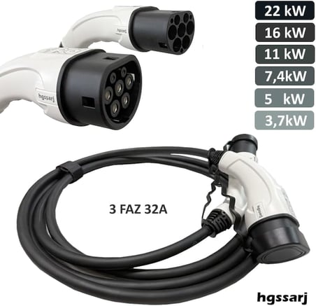 12 Metre, Elektrikli Araç Şarj Kablosu 22KW-16KW-11KW-7,4KW-5KW-3,7KW 32A Kadar -Tr-Ab Tüm Tip 2 Araçlara Uyumlu