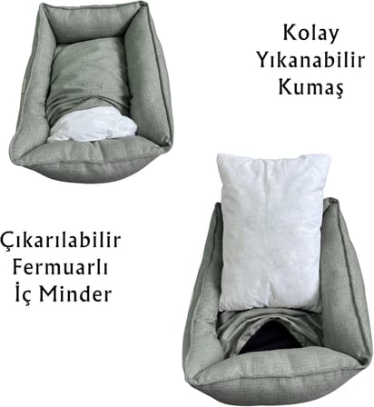 Vanilla Dokuma Kumaş Kedi &amp; Köpek Yatağı – Çıkarılabilir İç Minderli, Kaydırmaz Tabanlı, Boncuk Elyaf Dolgulu (Açık Yeşil, Large)