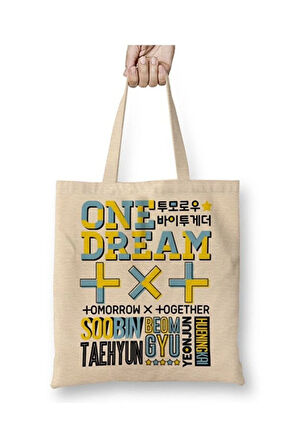 Txt Font Collage Beyaz Bez Çanta Uzun Saplı Alışveriş Çantası Plaj Çantası