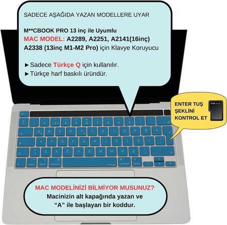 MacBook Pro Türkçe Q Klavye Koruyucu EU UK ISO Enter A2338 M1 M2 A2251 A2289 A2141 Uyumlu İnce Siyah Silikon Keyboard Cover Touch Bar 13 inç 16 inç Açık Mavi