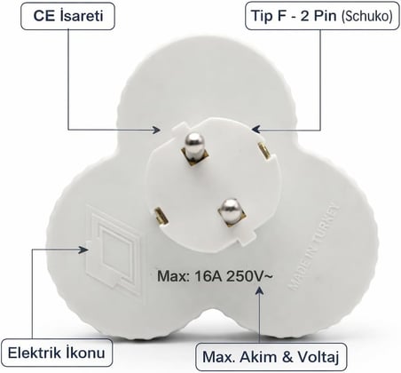 Golyat 3’lü Topraklı Priz Çoğaltıcı, Üçlü Yuvarlak Tasarımlı Elektrik Priz Adaptörü, Yüksek İletkenlikli Pirinç Kontaklar, Alev Geciktirici Dayanıklı Gövde, Güvenli ve Stabil Elektrik Dağıtımı