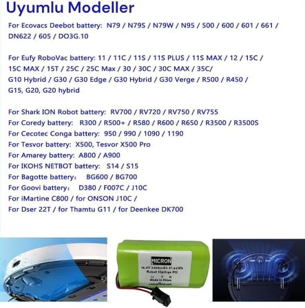 14.4V 3200MAH Robot Süpürgeler İçin Uyumlu Pil (Batarya) Yüksek Kapasite Yüksek Performans, 1.5 Kata Kadar Uzun Kullanım
