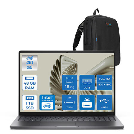Dell Pro 16 PC16250 Intel Core 7 250U 48GB Ddr5 1tb SSD 16 Fhd+ IPS (1920X1200) 300 Nits Freedos Taşınabilir Bilgisayar. PC16250C7325F13+ZETTAÇANTA