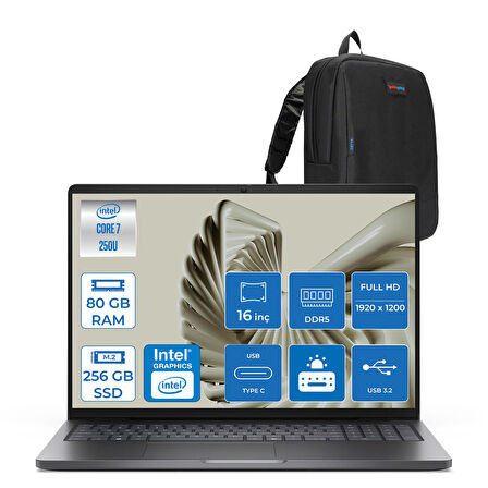 Dell Pro 16 PC16250 Intel Core 7 250U 80GB Ddr5 256GB SSD 16 Fhd+ IPS (1920X1200) 300 Nits Freedos Taşınabilir Bilgisayar. PC16250C7325F21+ZETTAÇANTA