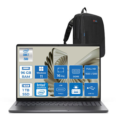 Dell Pro 16 PC16250 Intel Core 7 250U 96GB Ddr5 1tb SSD 16 Fhd+ IPS (1920X1200) 300 Nits WIN11PRO Taşınabilir Bilgisayar. PC16250C7325P28+ZETTAÇANTA