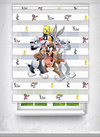 Tweety Bunny Sylvester Baskılı Zebra Perde - Çocuk Odası Perdesi - Baskılı Zebra Stor Perde