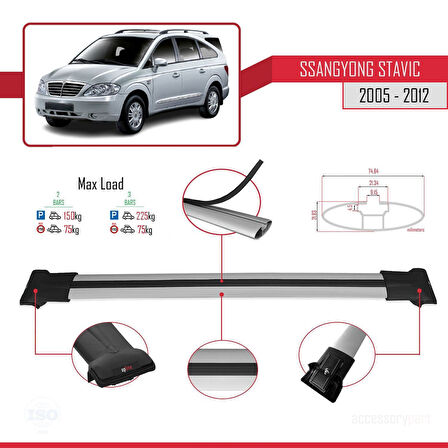 Ssangyong Stavic 2005-2012 Arası ile Uyumlu FLY Model Ara Atkı Tavan Barı Gri 2 Adet