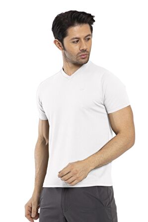 Waffle - Erkek Beyaz V Yaka Spor T-shirt - 7130-08