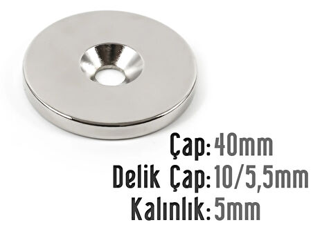 Neodyum Mıknatıs Yuvarlak Havşalı Çap 40mm (delik 10/5.5mm) Kalıklık 5mm 1 Adet