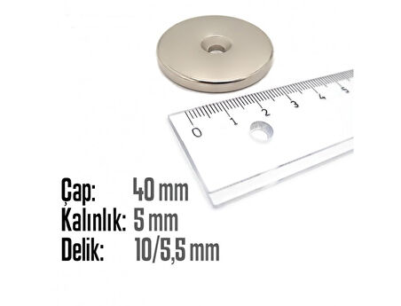 Neodyum Mıknatıs Yuvarlak Havşalı Çap 40mm (delik 10/5.5mm) Kalıklık 5mm 1 Adet