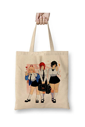 Chainsaw Man Karakterler Beyaz Bez Çanta Uzun Saplı Alışveriş Çantası Plaj Çantası