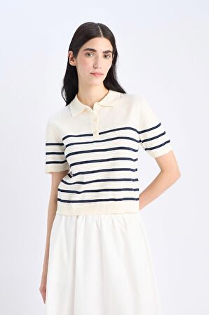 Regular Fit Polo Yaka Çizgili Kısa Kollu Triko Tişört	