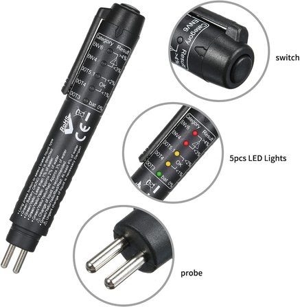 ® Elektronik Fren Hidroliği Kalite Kontrol Test Kalemi Aleti – DOT 3 / DOT 4 / DOT 5.1 Uyumlu, 5 LED Göstergeli Fren Yağı Nem Ölçer (Pil Dahil Değil)