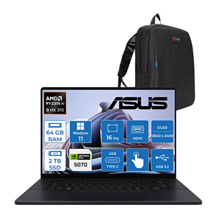 Asus Proart P16 WH7606WP Ryzen Aı 9 HX370  64GB Ddr5 2tb SSD 8GB/RTX5070 16.0-Inch, 4K (3840 x 2400) OLED  0.2ms Dokunmatik Ekran Windows 11 Pro Taşınabilir Bilgisayar WME020P05+ZETTAÇANTA