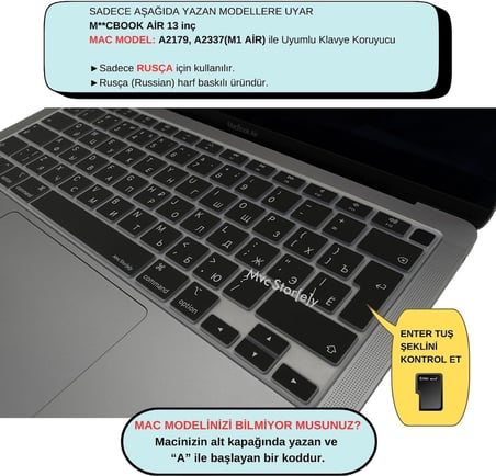 Rusça Klavye Koruyucu MacBook Air 13 A1932 A2179 A2337 M1 Uyumlu | UK ISO Ters L Enter | İnce Silikon Russian Keyboard Cover Siyah